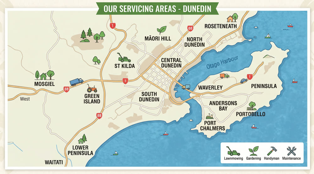 Map of J.W Contracting Services' service area across Dunedin, including St Kilda, Green Island, Mosgiel, Waverley, Andersons Bay and the Otago Peninsula